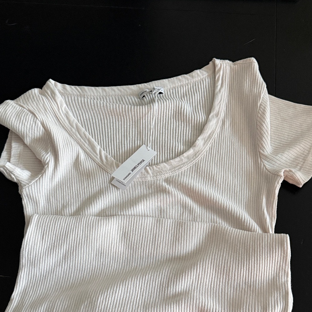 James Perse Cream Ribbed Short Sleeve Tee